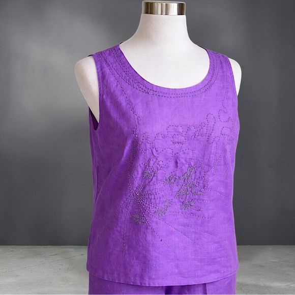 Purple Three-Piece Women's Linen Pant Set with Embroidered Shell and Jacket - Picture 9 of 12